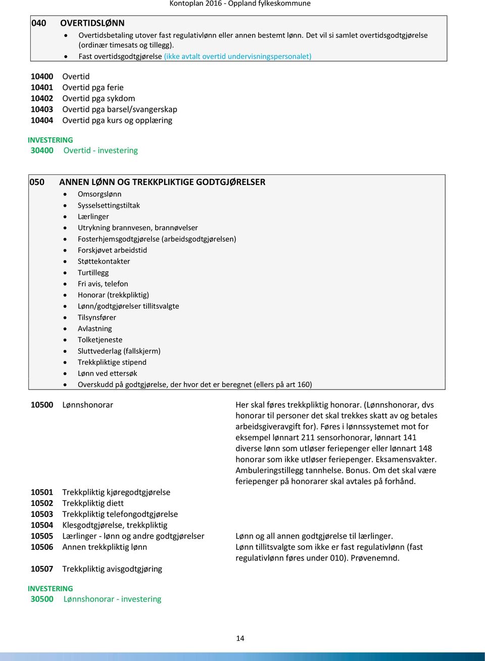 opplæring INVESTERING 30400 Overtid - investering 050 ANNEN LØNN OG TREKKPLIKTIGE GODTGJØRELSER Omsorgslønn Sysselsettingstiltak Lærlinger Utrykning brannvesen, brannøvelser Fosterhjemsgodtgjørelse