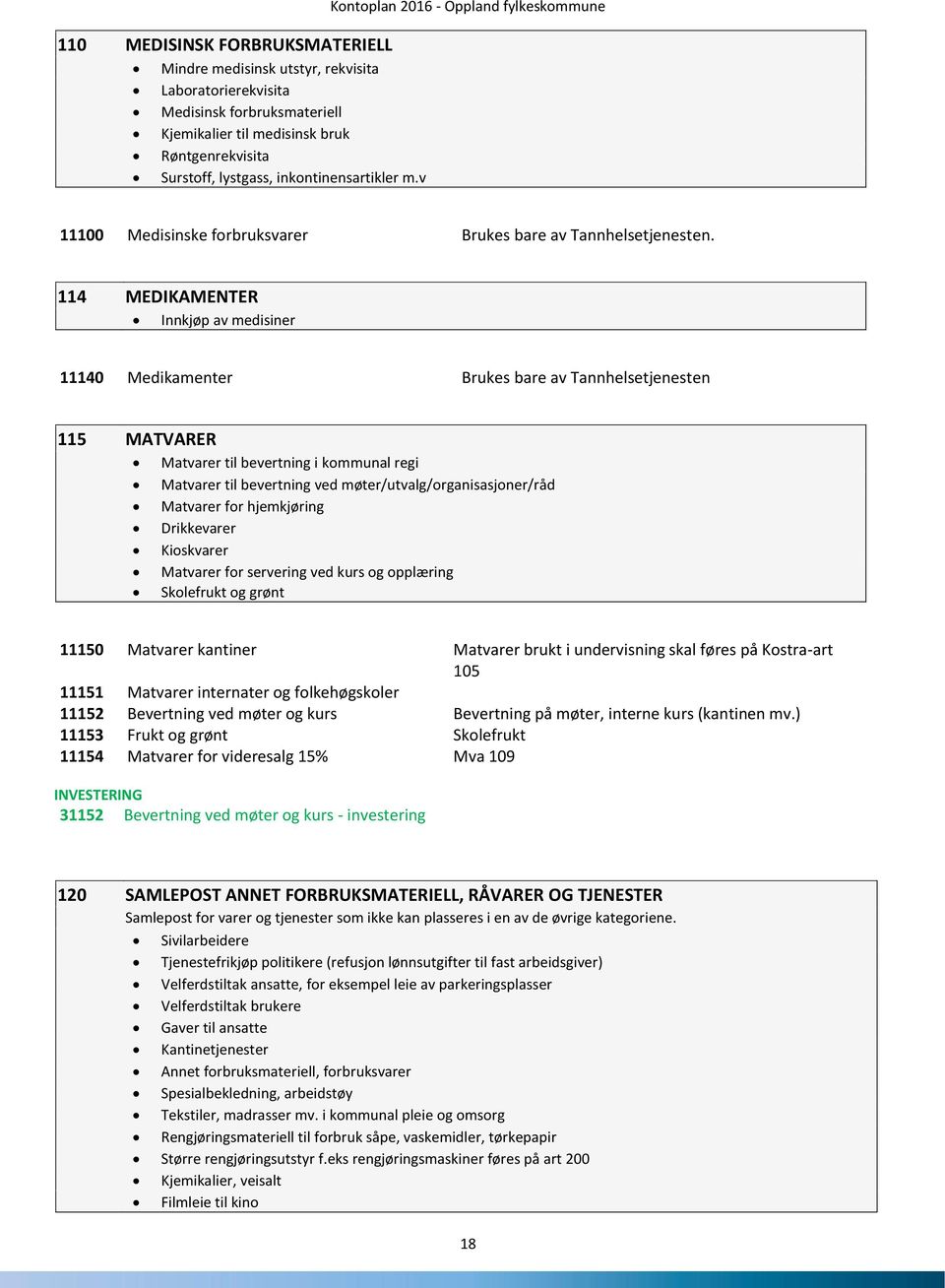 114 MEDIKAMENTER Innkjøp av medisiner 11140 Medikamenter Brukes bare av Tannhelsetjenesten 115 MATVARER Matvarer til bevertning i kommunal regi Matvarer til bevertning ved