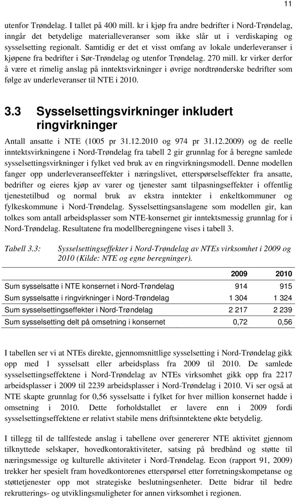 kr virker derfor å være et rimelig anslag på inntektsvirkninger i øvrige nordtrønderske bedrifter som følge av underleveranser til NTE i 2010. 3.