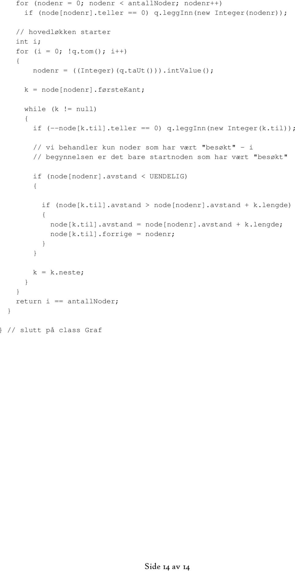 førstekant; if (--node[k.til].teller == 0) q.legginn(new Integer(k.