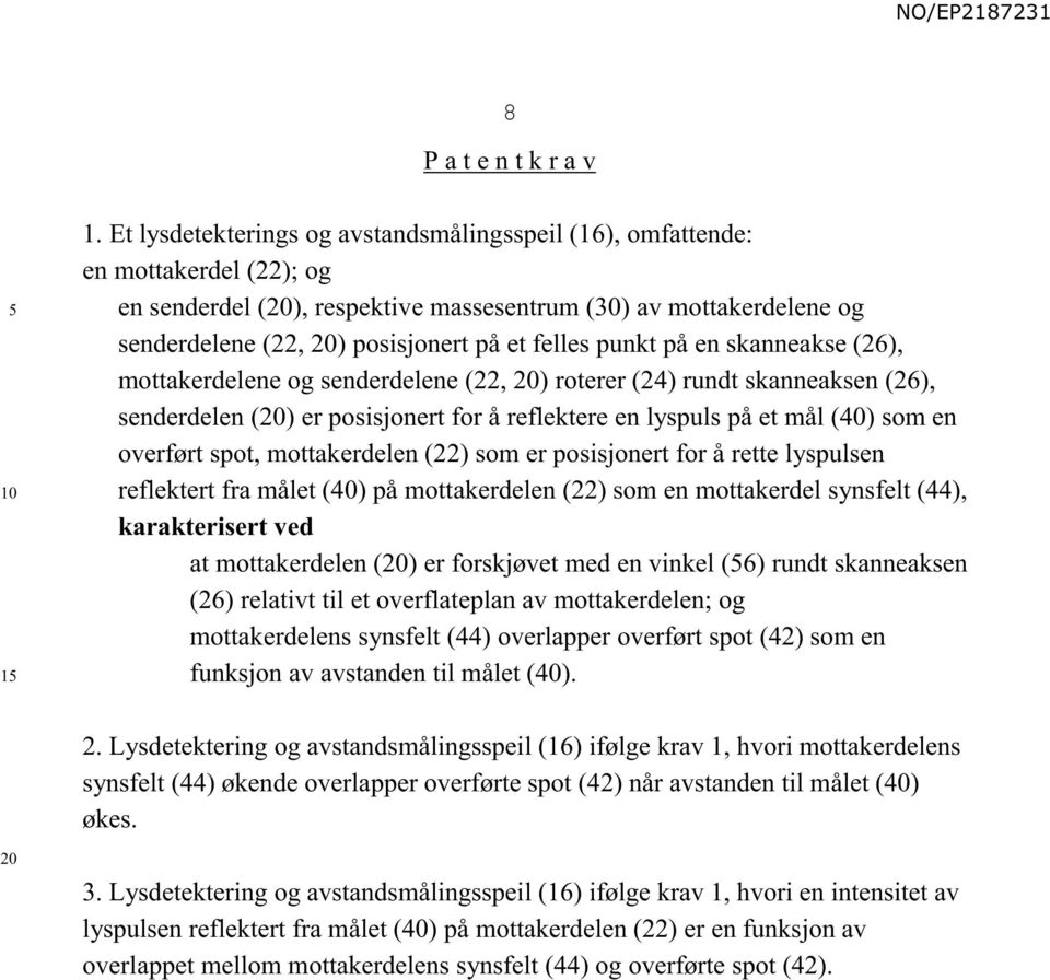 punkt på en skanneakse (26), mottakerdelene og senderdelene (22, ) roterer (24) rundt skanneaksen (26), senderdelen () er posisjonert for å reflektere en lyspuls på et mål (40) som en overført spot,