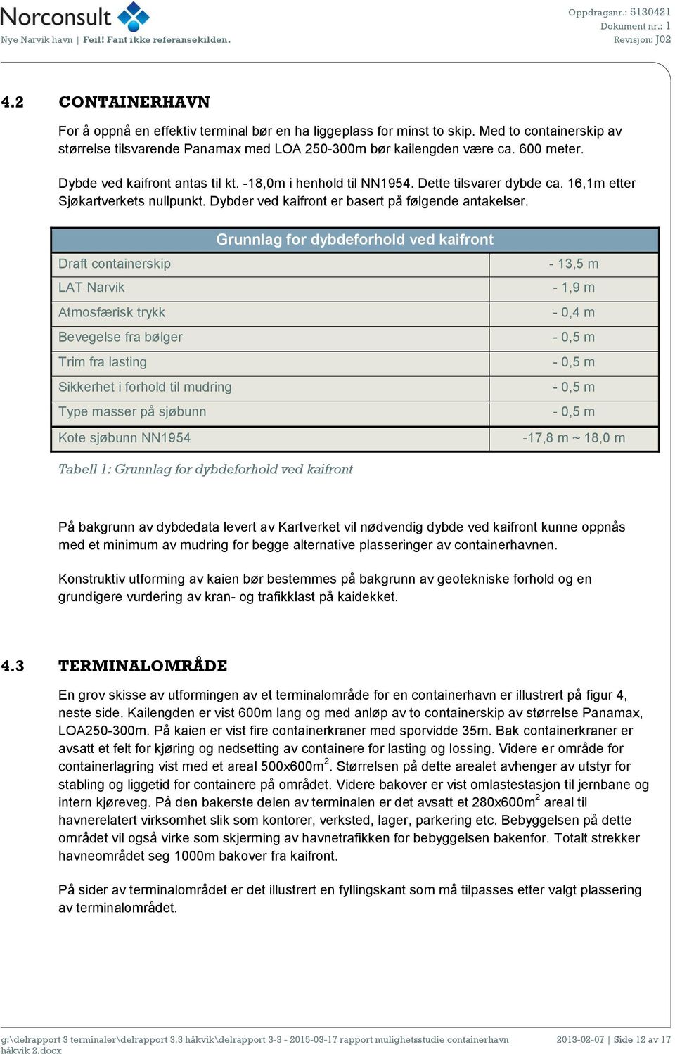 Grunnlag for dybdeforhold ved kaifront Draft containerskip LAT Narvik Atmosfærisk trykk Bevegelse fra bølger Trim fra lasting Sikkerhet i forhold til mudring Type masser på sjøbunn Kote sjøbunn