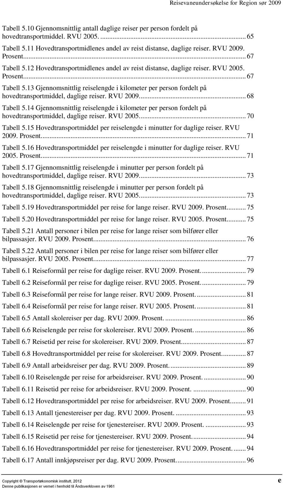 RVU 2009.... 68 Tabell 5.14 Gjennomsnittlig reiselengde i kilometer per person fordelt på hovedtransportmiddel, daglige reiser. RVU 2005.... 70 Tabell 5.