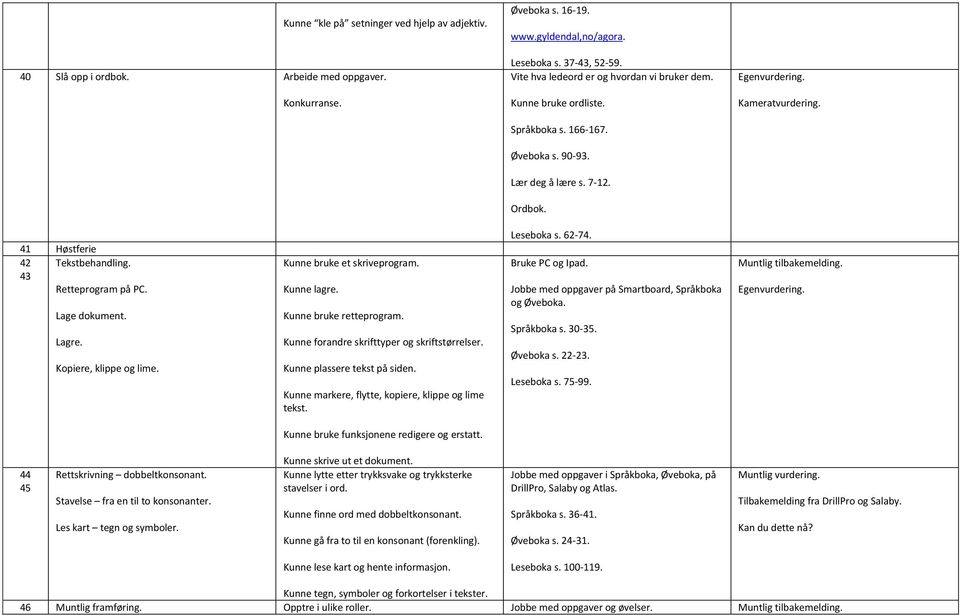 Lage dokument. Lagre. Kopiere, klippe og lime. Kunne bruke et skriveprogram. Kunne lagre. Kunne bruke retteprogram. Kunne forandre skrifttyper og skriftstørrelser. Kunne plassere tekst på siden.