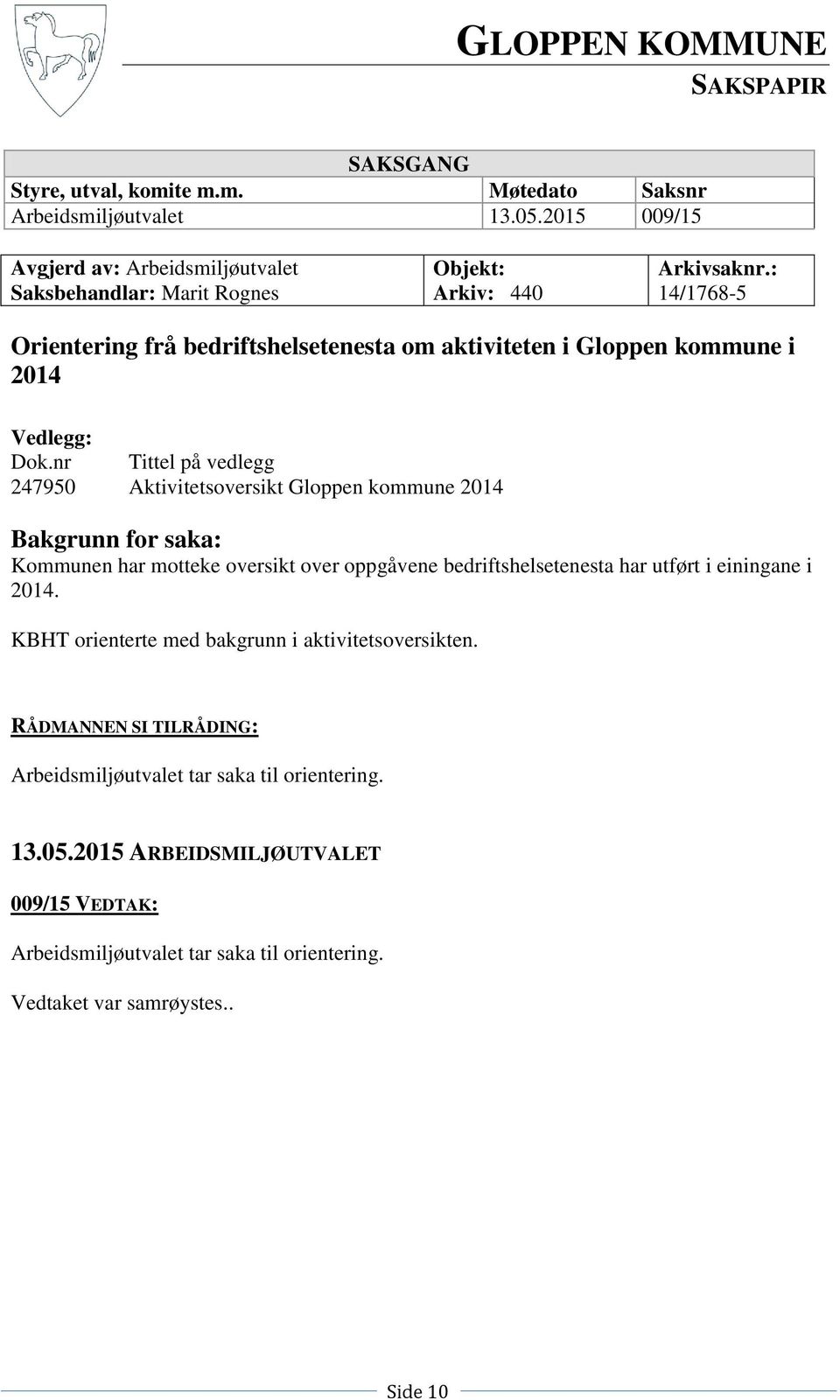 : 14/1768-5 Orientering frå bedriftshelsetenesta om aktiviteten i Gloppen kommune i 2014 Vedlegg: Dok.