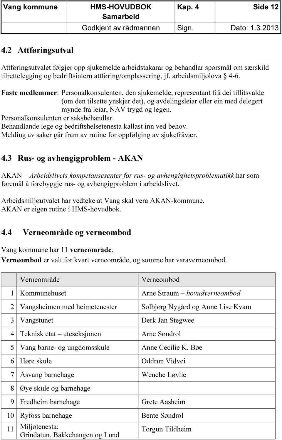 Faste medlemmer: Personalkonsulenten, den sjukemelde, representant frå dei tillitsvalde (om den tilsette ynskjer det), og avdelingsleiar eller ein med delegert mynde frå leiar, NAV trygd og legen.