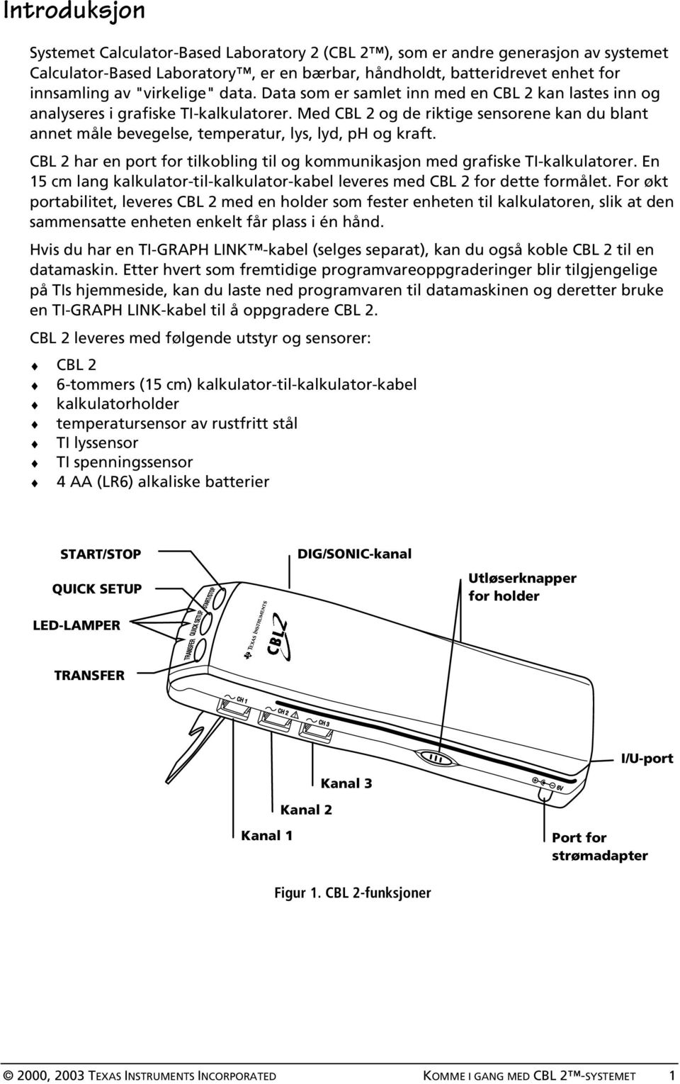 Med CBL 2 og de riktige sensorene kan du blant annet måle bevegelse, temperatur, lys, lyd, ph og kraft. CBL 2 har en port for tilkobling til og kommunikasjon med grafiske TI-kalkulatorer.