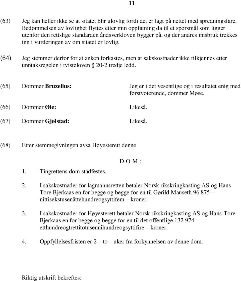 sitatet er lovlig. (64) Jeg stemmer derfor for at anken forkastes, men at sakskostnader ikke tilkjennes etter unntaksregelen i tvisteloven 20-2 tredje ledd.