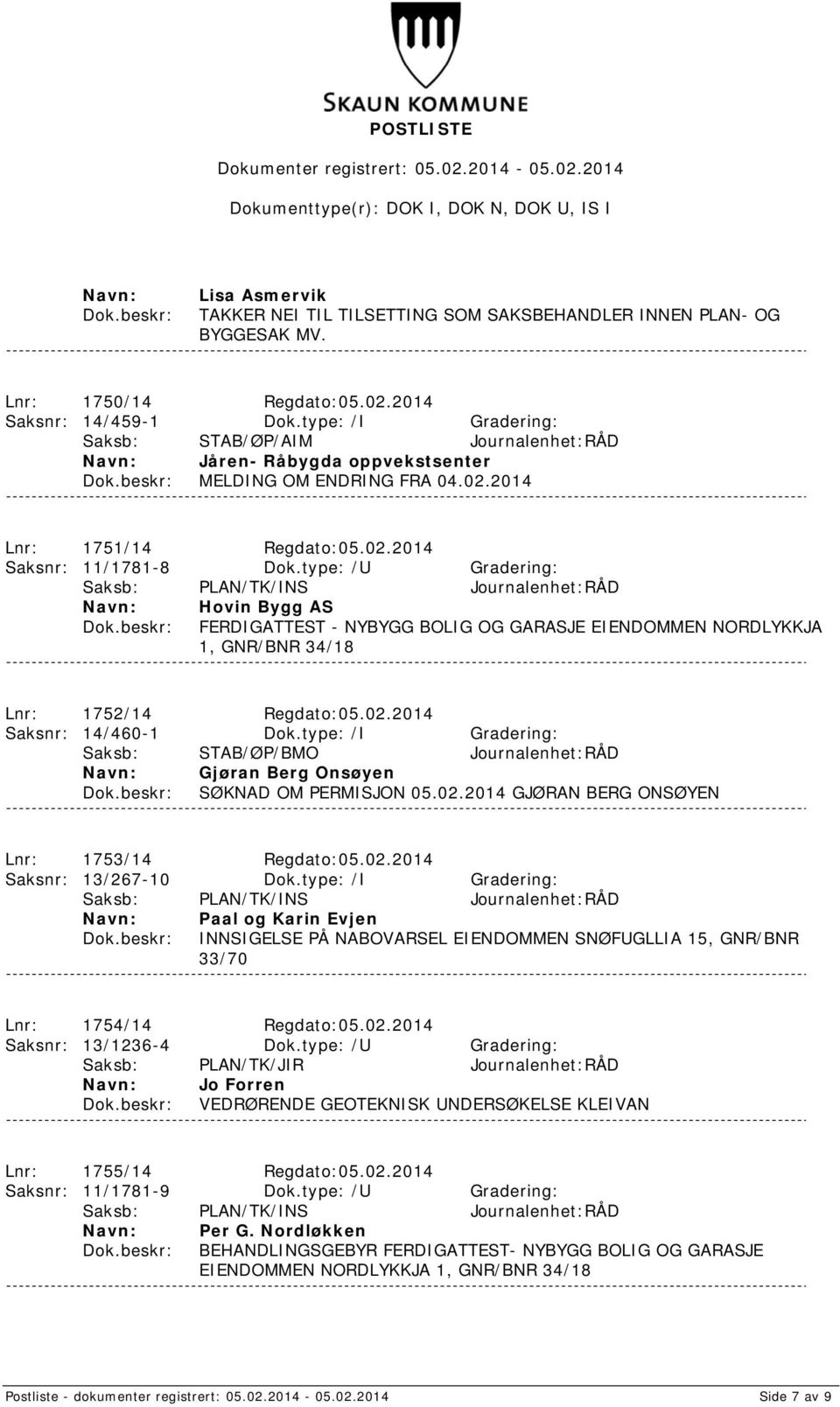 type: /U Gradering: Hovin Bygg AS FERDIGATTEST - NYBYGG BOLIG OG GARASJE EIENDOMMEN NORDLYKKJA 1, GNR/BNR 34/18 Lnr: 1752/14 Regdato:05.02.2014 Saksnr: 14/460-1 Dok.