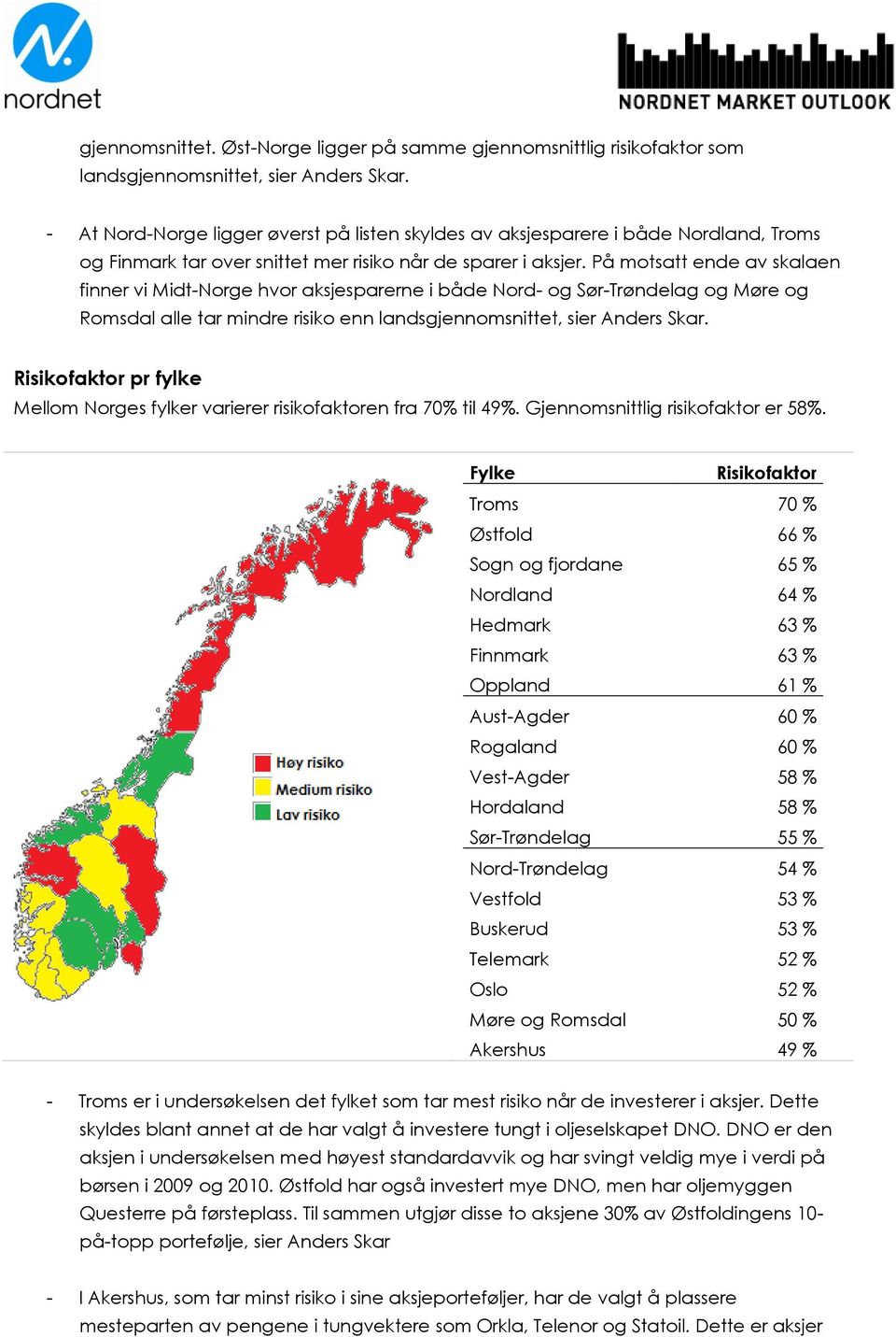 På motsatt ende av skalaen finner vi Midt-Norge hvor aksjesparerne i både Nord- og Sør-Trøndelag og Møre og Romsdal alle tar mindre risiko enn landsgjennomsnittet, sier Anders Skar.