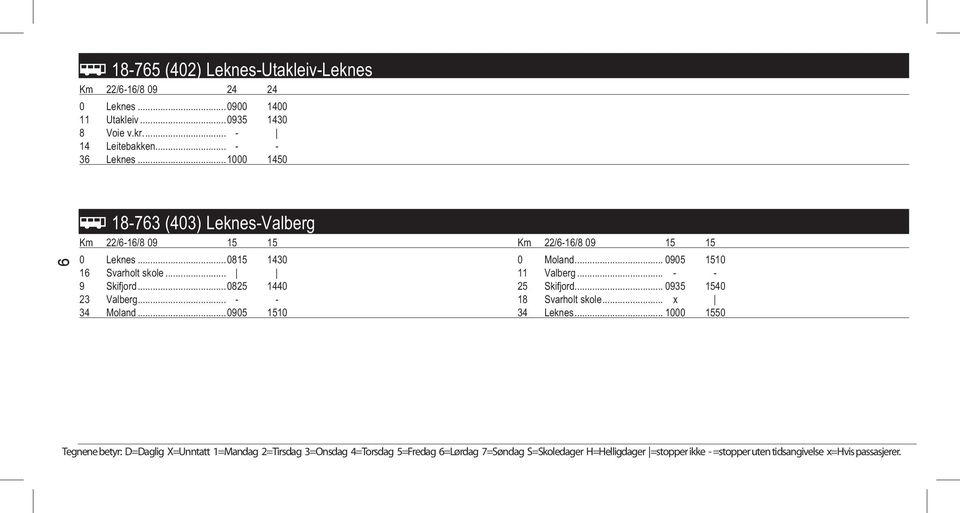 .. - - 9 Skifjord...0825 1440 25 Skifjord... 0935 1540 23 Valberg... - - 18 Svarholt skole... x 34 Moland...0905 1510 34 Leknes.