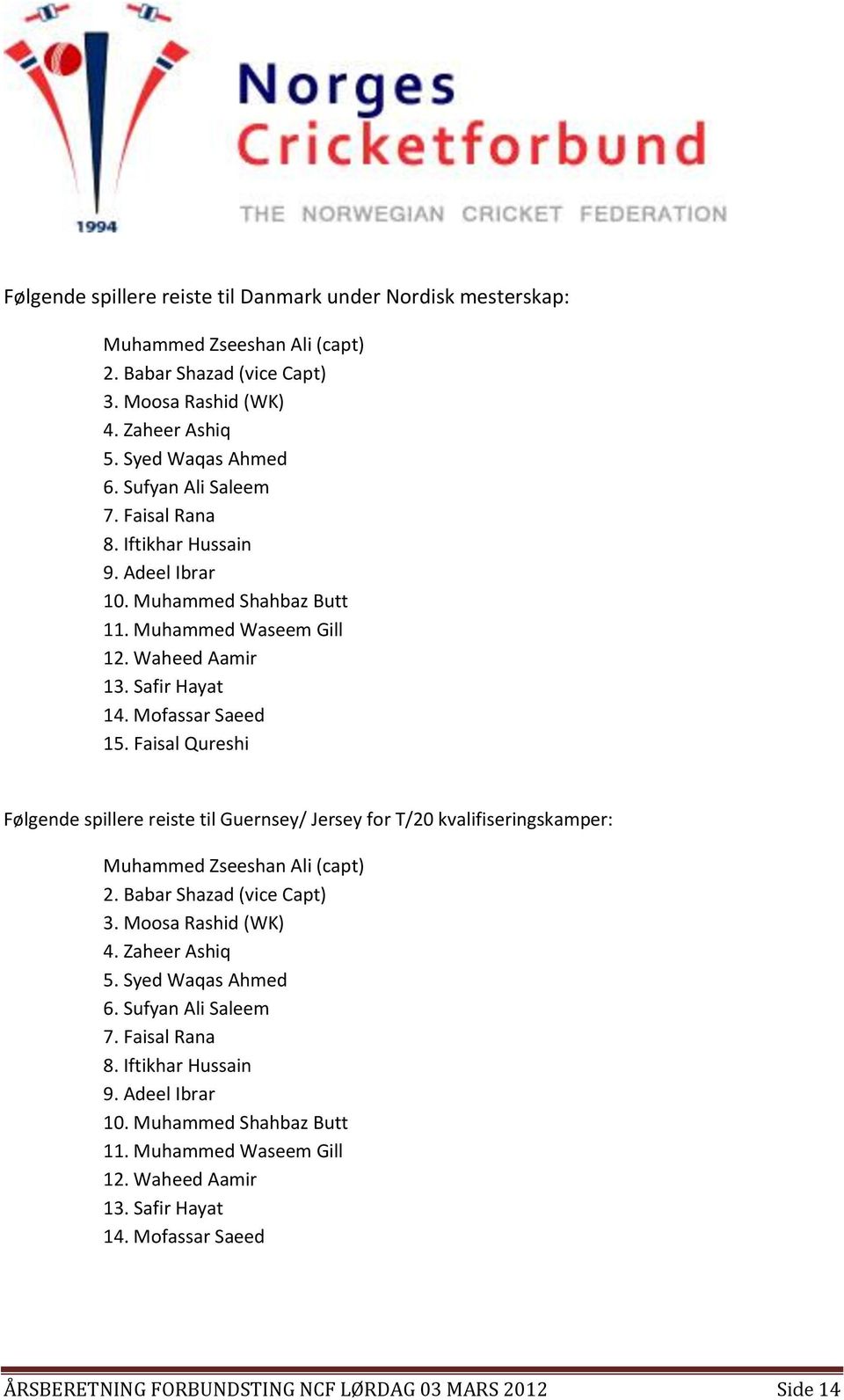 Faisal Qureshi Følgende spillere reiste til Guernsey/ Jersey for T/20 kvalifiseringskamper: Muhammed Zseeshan Ali (capt) 2. Babar Shazad (vice Capt) 3. Moosa Rashid (WK) 4. Zaheer Ashiq 5.