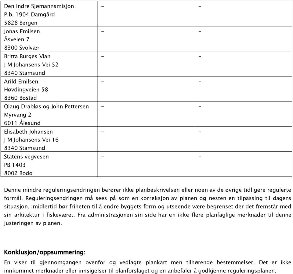 6011 Ålesund Elisabeth Johansen J M Johansens Vei 16 8340 Stamsund Statens vegvesen PB 1403 8002 Bodø Denne mindre reguleringsendringen berører ikke planbeskrivelsen eller noen av de øvrige tidligere