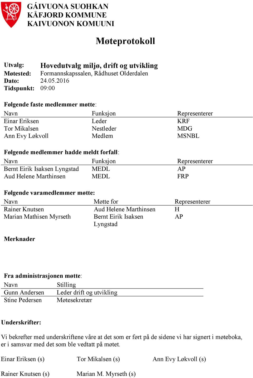 forfall: Navn Funksjon Representerer Bernt Eirik Isaksen Lyngstad MEDL AP Aud Helene Marthinsen MEDL FRP Følgende varamedlemmer møtte: Navn Møtte for Representerer Rainer Knutsen Aud Helene