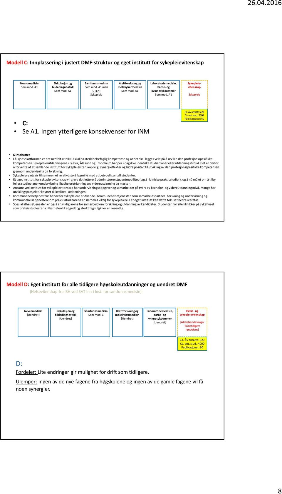 : 2500 Publikasjoner: 60 6 institutter I fusjonsplattformen er det nedfelt at NTNU skal ha sterk helsefaglig kompetanse og at det skal legges vekt på å utvikle den profesjonsspesifikke kompetansen.