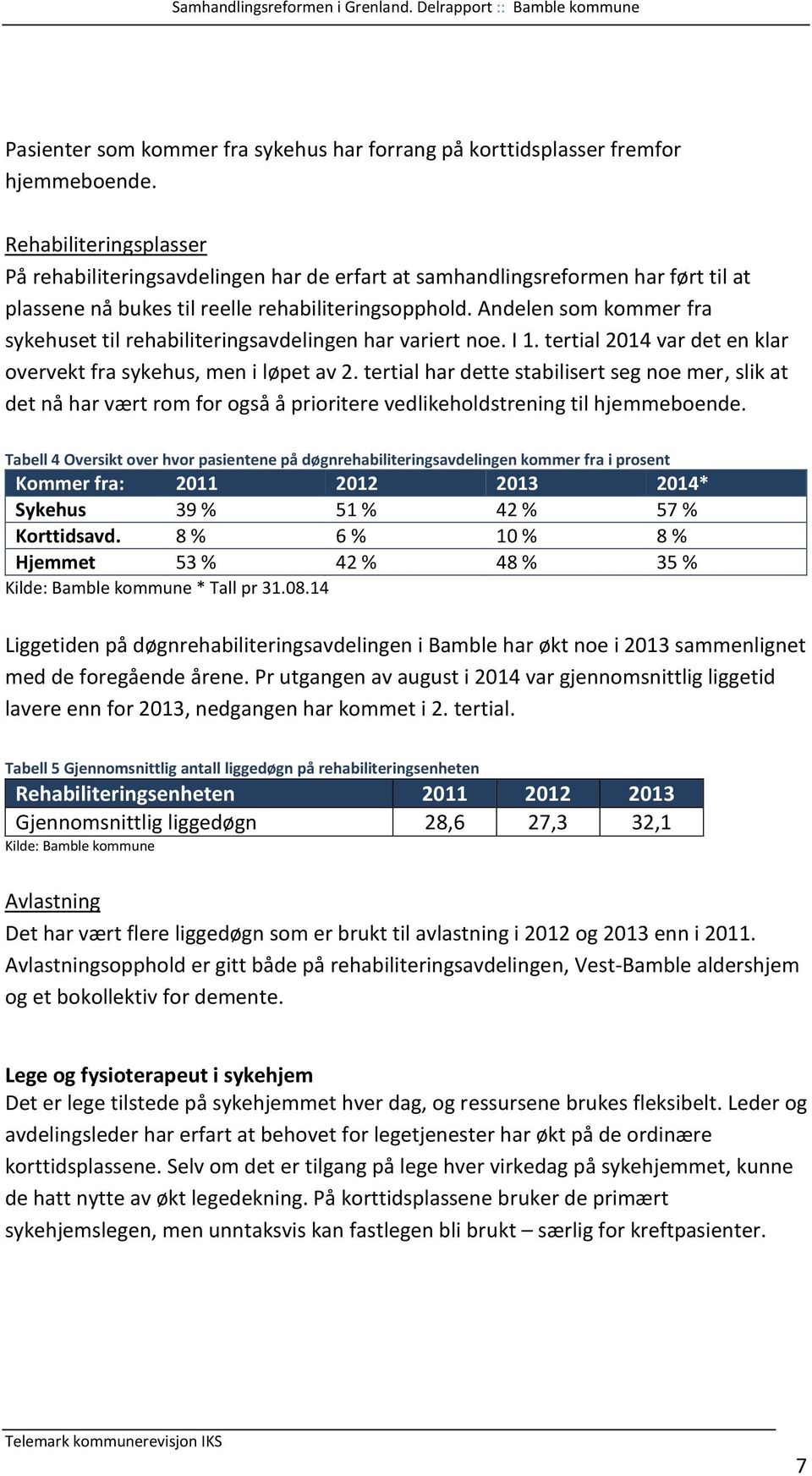 Andelen som kommer fra sykehuset til rehabiliteringsavdelingen har variert noe. I 1. tertial 2014 var det en klar overvekt fra sykehus, men i løpet av 2.