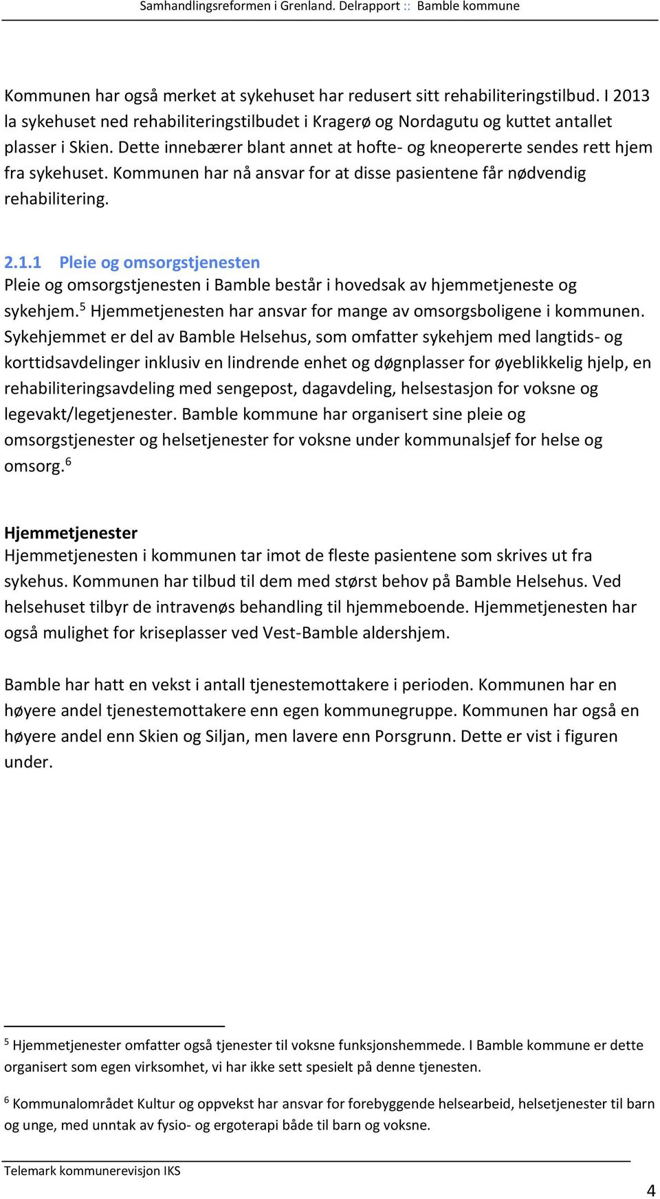 1 Pleie og omsorgstjenesten Pleie og omsorgstjenesten i Bamble består i hovedsak av hjemmetjeneste og sykehjem. 5 Hjemmetjenesten har ansvar for mange av omsorgsboligene i kommunen.