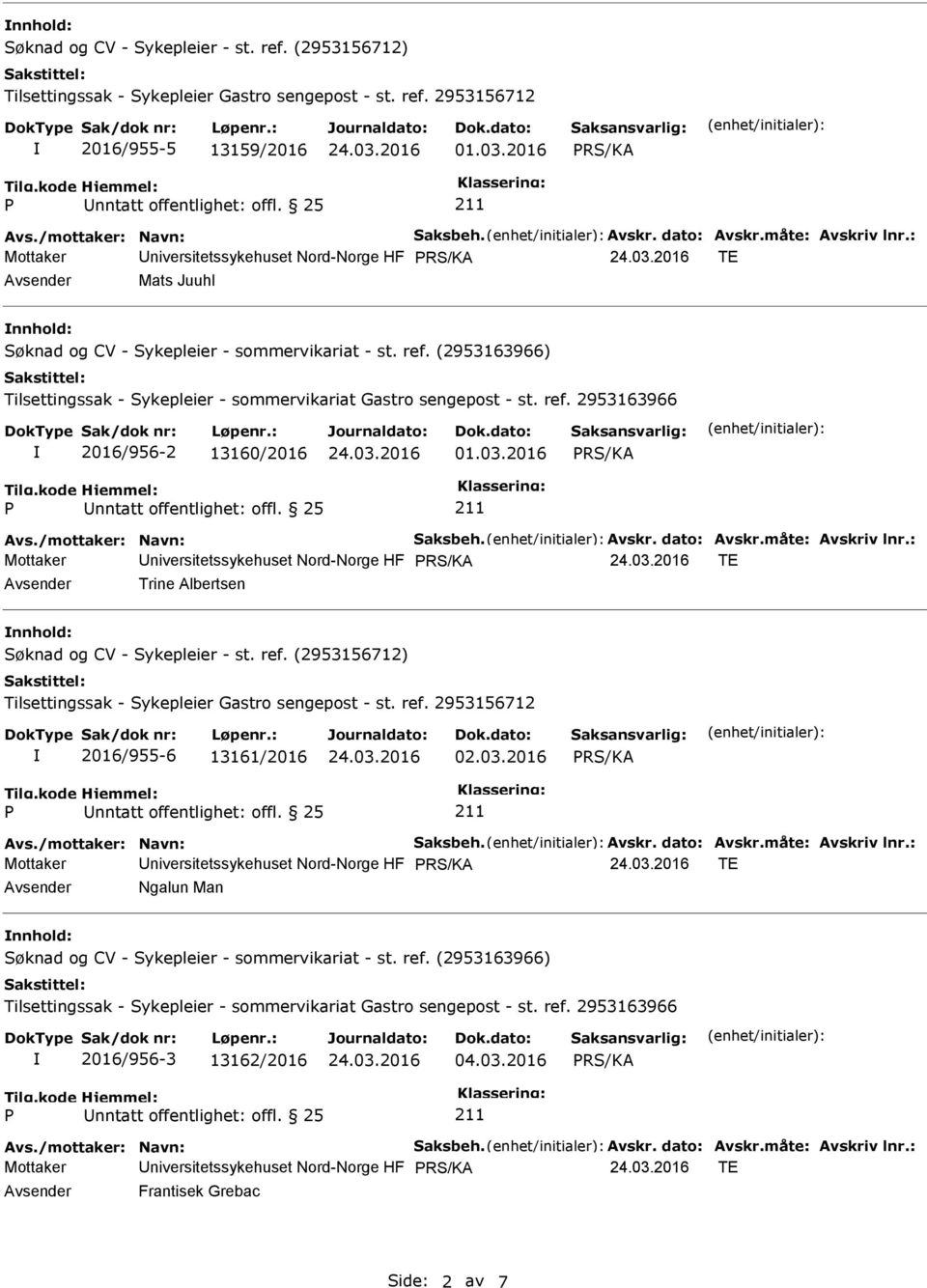 : Mottaker Universitetssykehuset Nord-Norge HF TE Avsender Trine Albertsen nnhold: 2016/955-6 13161/2016 02.03.2016 Avs./mottaker: Navn: Saksbeh. Avskr. dato: Avskr.måte: Avskriv lnr.