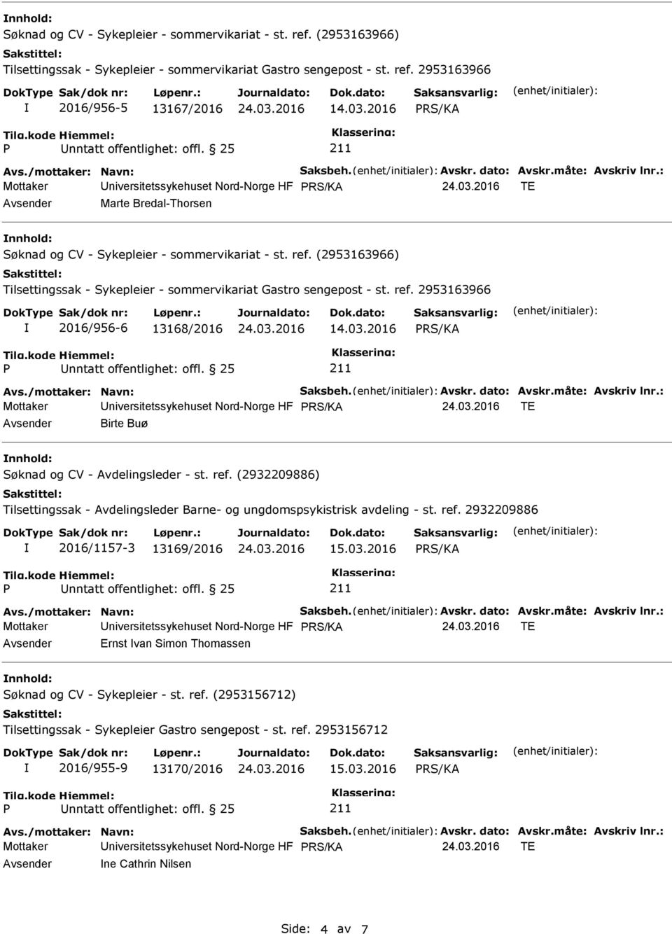 : Mottaker Universitetssykehuset Nord-Norge HF TE Avsender Birte Buø nnhold: 2016/1157-3 13169/2016 15.03.2016 Avs./mottaker: Navn: Saksbeh. Avskr. dato: Avskr.måte: Avskriv lnr.