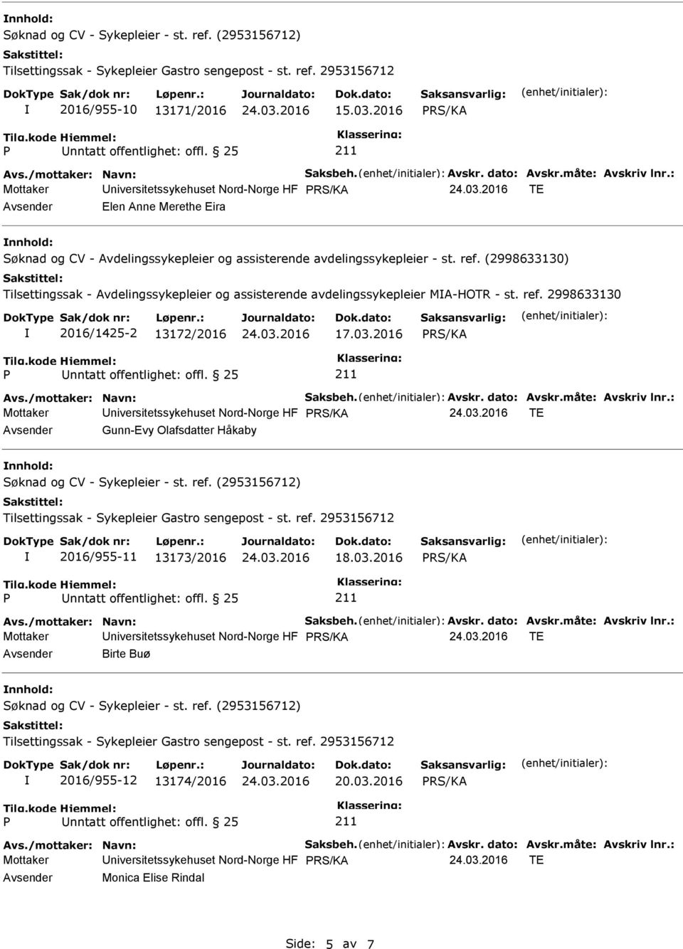 (2998633130) Tilsettingssak - Avdelingssykepleier og assisterende avdelingssykepleier MA-HOTR - st. ref. 2998633130 2016/1425-2 13172/2016 17.03.2016 Avs./mottaker: Navn: Saksbeh. Avskr. dato: Avskr.