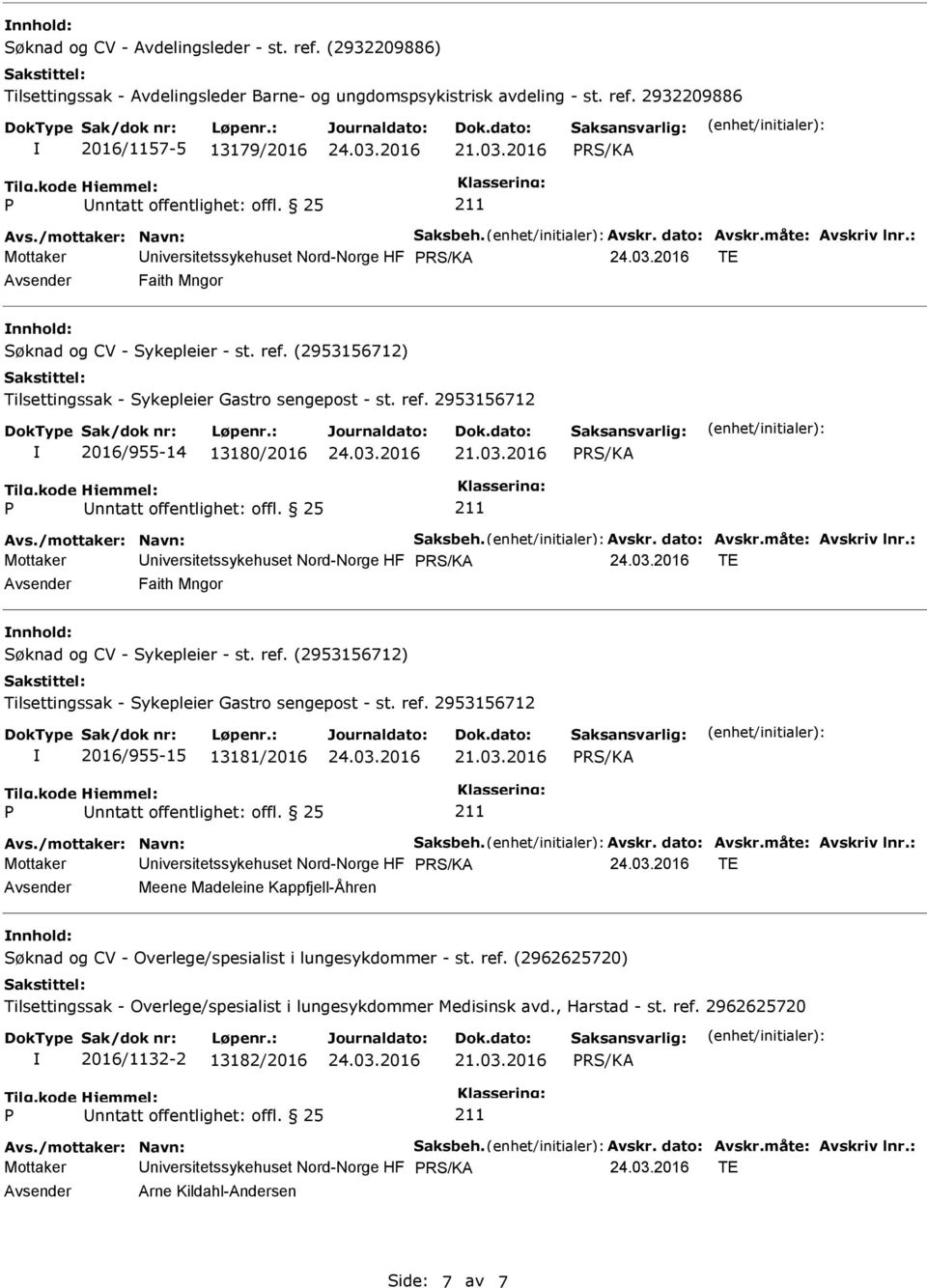 : Mottaker Universitetssykehuset Nord-Norge HF TE Avsender Faith Mngor nnhold: 2016/955-15 13181/2016 Avs./mottaker: Navn: Saksbeh. Avskr. dato: Avskr.måte: Avskriv lnr.