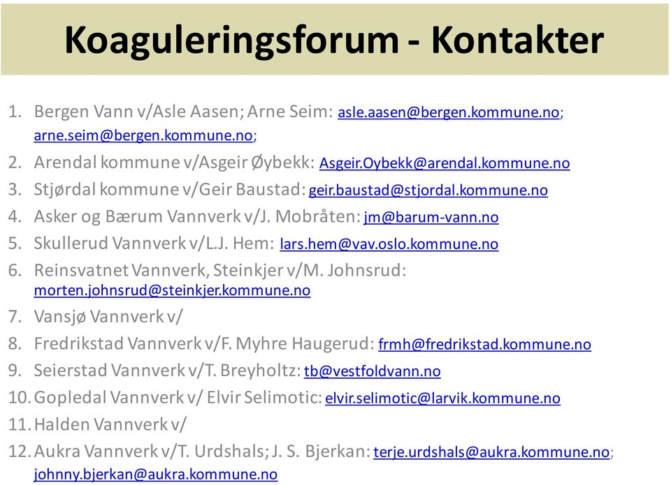 Reinsvatnet Vannverk, Steinkjer v/m. Johnsrud: morten.johnsrud@steinkjer.kommune.no 7. Vansjø Vannverk v/ 8. Fredrikstad Vannverk v/f. Myhre Haugerud: frmh@fredrikstad.kommune.no 9.