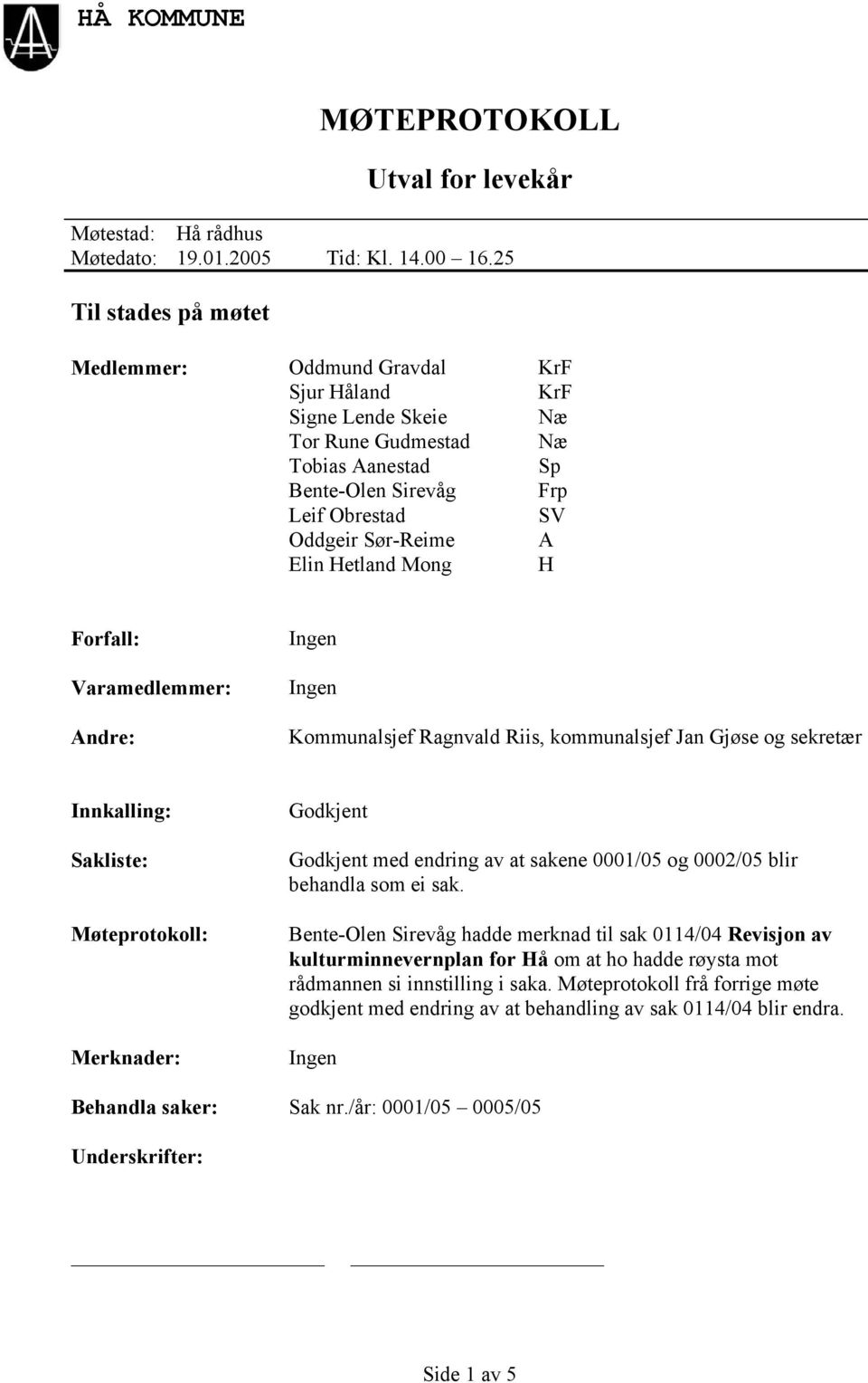 Hetland Mong H Forfall: Varamedlemmer: Andre: Kommunalsjef Ragnvald Riis, kommunalsjef Jan Gjøse og sekretær Innkalling: Sakliste: Møteprotokoll: Merknader: Godkjent Godkjent med endring av at sakene