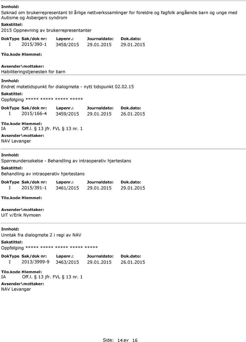 02.15 Oppfølging ***** ***** ***** ***** A 2015/166-4 3459/2015 NAV Levanger Spørreundersøkelse - Behandling av intraoperativ hjertestans Behandling av