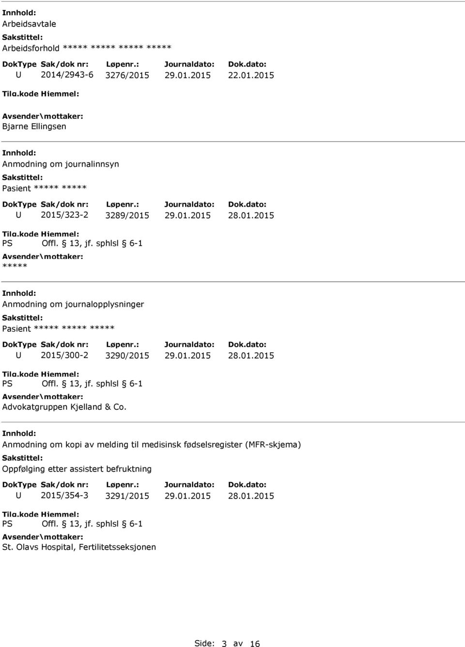 01.2015 Anmodning om journalopplysninger 2015/300-2 3290/2015 Advokatgruppen Kjelland & Co. 28.01.2015 Anmodning om