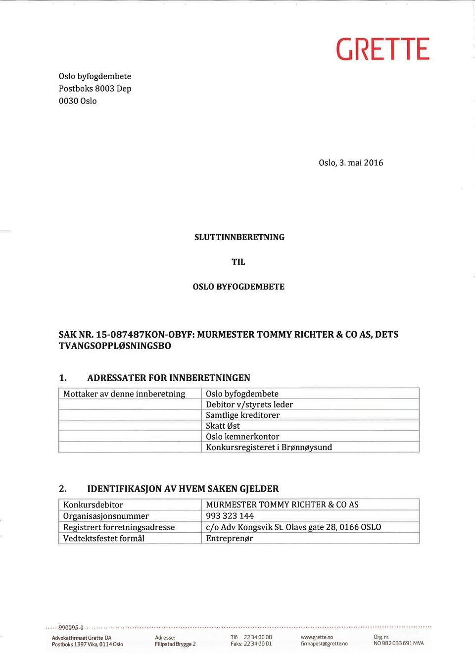 TDENTIFIKASION AV HVEM SAKEN G ELDER Konkursdebitor MURMESTER TOMMY RICHTER & CO AS Organisasjonsnummer 993323 r44 Registrert forretningsadresse c/o Adv Kongsvik St.