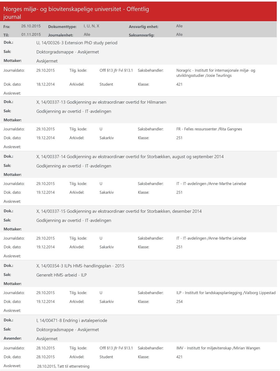 2014 Arkivdel: Sakarkiv 251 X, 14/00337-14 Godkjenning av ekstraordinær overtid for Storbækken, august og september 2014 Godkjenning av overtid - IT-avdelingen IT - IT-avdelingen /Anne-Marthe Leinebø