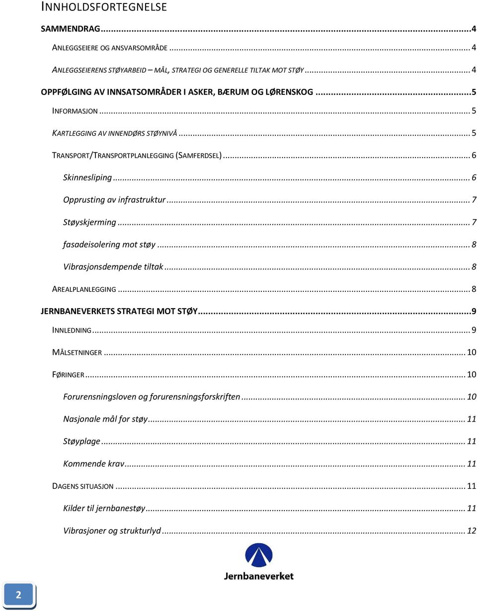 .. 6 Opprusting av infrastruktur... 7 Støyskjerming... 7 fasadeisolering mot støy... 8 Vibrasjonsdempende tiltak... 8 AREALPLANLEGGING... 8 JERNBANEVERKETS STRATEGI MOT STØY... 9 INNLEDNING.