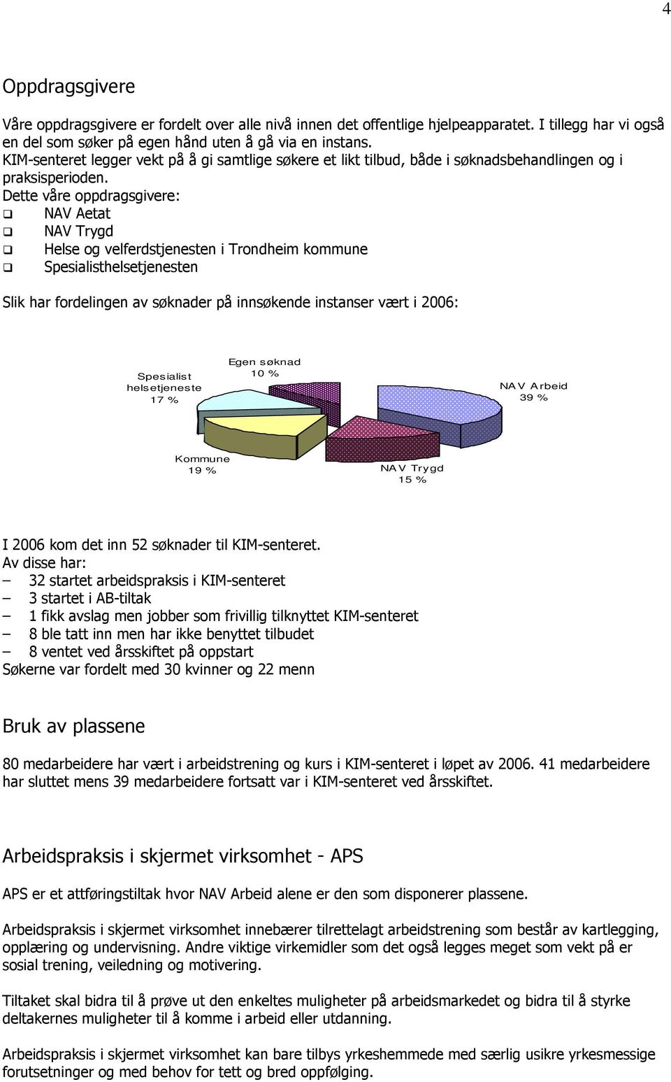 Dette våre oppdragsgivere: NAV Aetat NAV Trygd Helse og velferdstjenesten i Trondheim kommune Spesialisthelsetjenesten Slik har fordelingen av søknader på innsøkende instanser vært i 2006: Spesialist