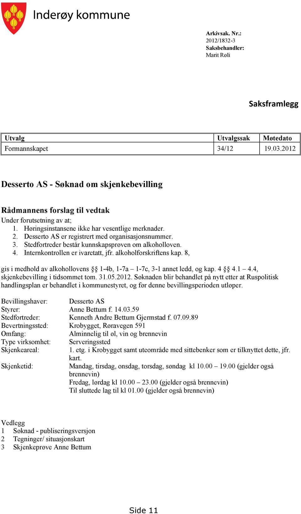 Desserto AS er registrert med organisasjonsnummer. 3. Stedfortreder består kunnskapsprøven om alkoholloven. 4. Internkontrollen er ivaretatt, jfr. alkoholforskriftens kap.