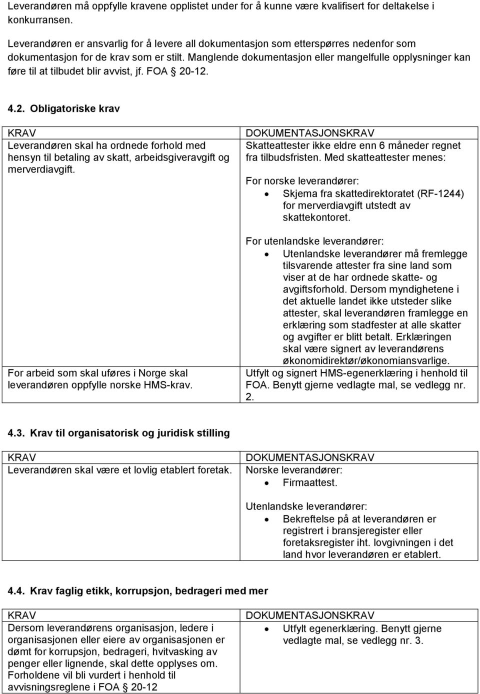 Manglende dokumentasjon eller mangelfulle opplysninger kan føre til at tilbudet blir avvist, jf. FOA 20