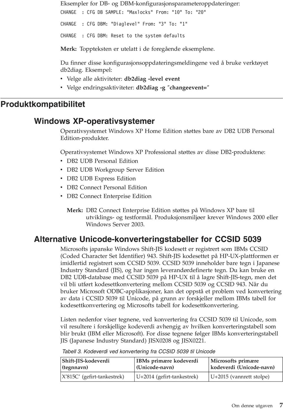 Eksempel: Velge alle aktiiteter: db2diag -leel eent Velge endringsaktiiteter: db2diag -g changeeent= Windows XP-operatisystemer Operatisystemet Windows XP Home Edition støttes bare a DB2 UDB Personal