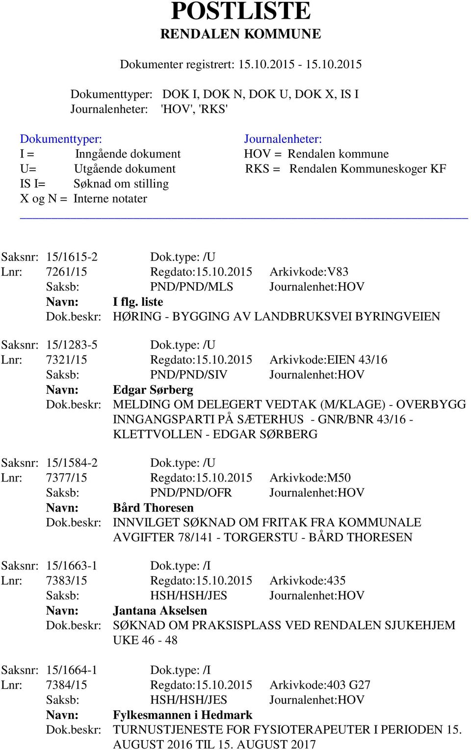 beskr: MELDING OM DELEGERT VEDTAK (M/KLAGE) - OVERBYGG INNGANGSPARTI PÅ SÆTERHUS - GNR/BNR 43/16 - KLETTVOLLEN - EDGAR SØRBERG Saksnr: 15/1584-2 Dok.type: /U Lnr: 7377/15 Regdato:15.10.