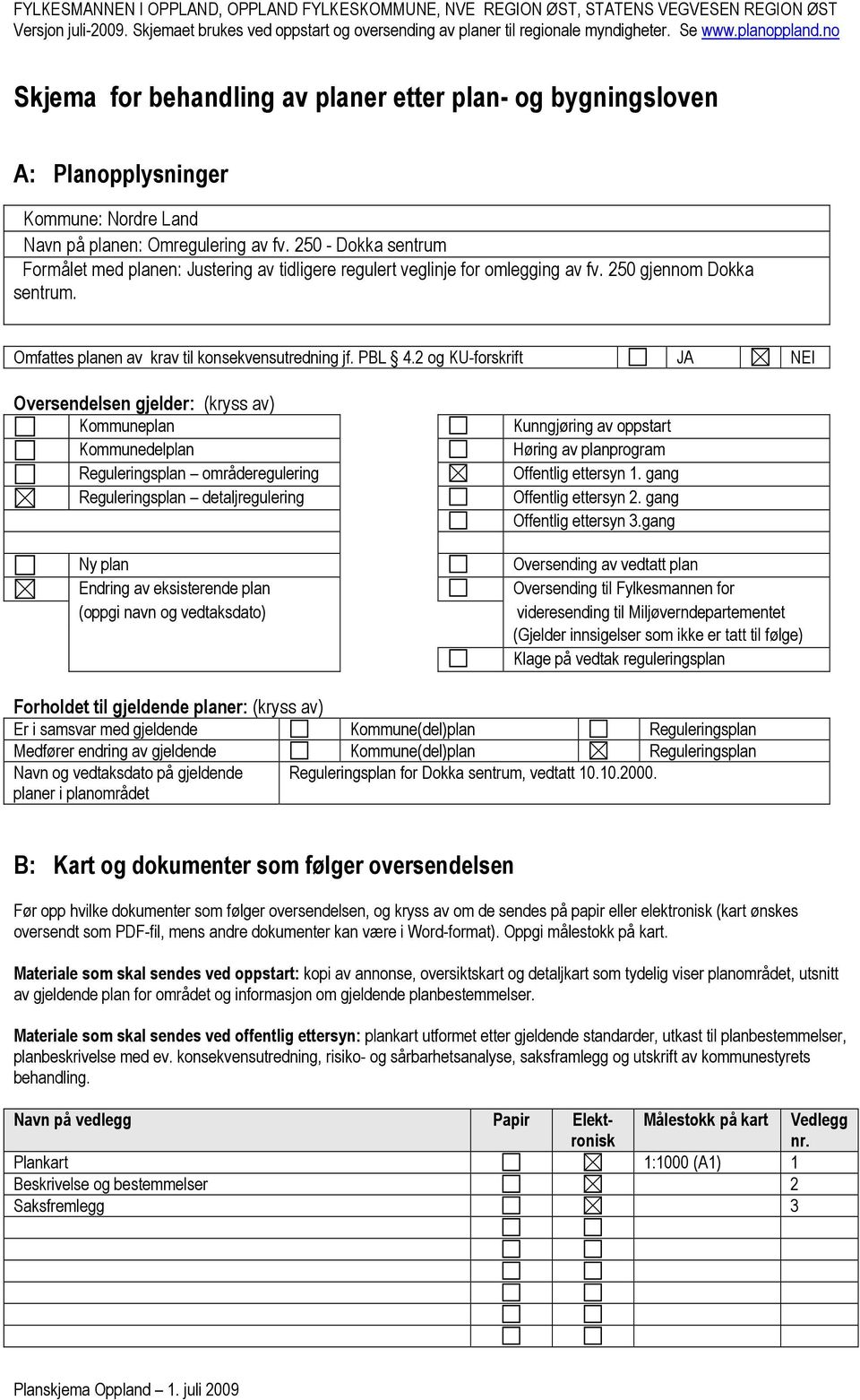 250 - Dokka sentrum Formålet med planen: Justering av tidligere regulert veglinje for omlegging av fv. 250 gjennom Dokka sentrum. Omfattes planen av krav til konsekvensutredning jf. PBL 4.