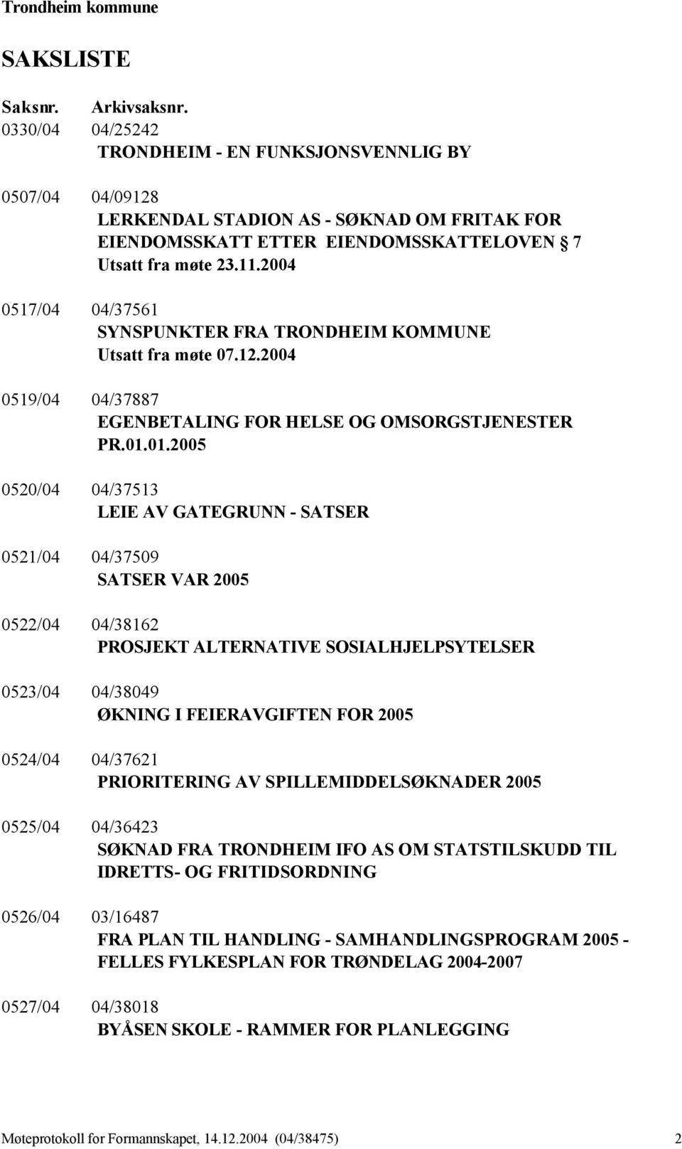 2004 0517/04 04/37561 SYNSPUNKTER FRA TRONDHEIM KOMMUNE Utsatt fra møte 07.12.2004 0519/04 04/37887 EGENBETALING FOR HELSE OG OMSORGSTJENESTER PR.01.