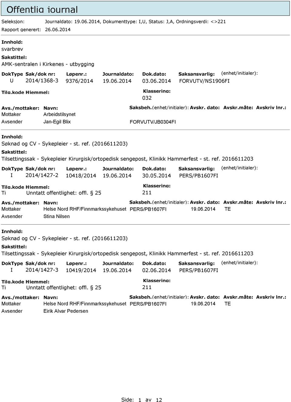 25 Avs./mottaker: Navn: Saksbeh. Avskr. dato: Avskr.måte: Avskriv lnr.: Mottaker Helse Nord RHF/Finnmarkssykehuset PERS/PB1607F TE Stina Nilsen 2014/1427-3 10419/2014 02.06.