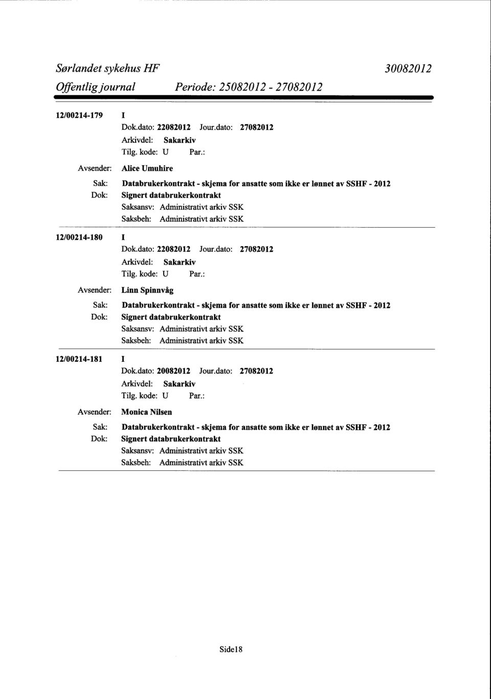 Saksausv: Administrativt arkiv SSK 12/00214-180 I Linn Spinnvåg Databrukerkontrakt- skjema for ansatte som ikke er lønnet av SSHF - 2012 Signert