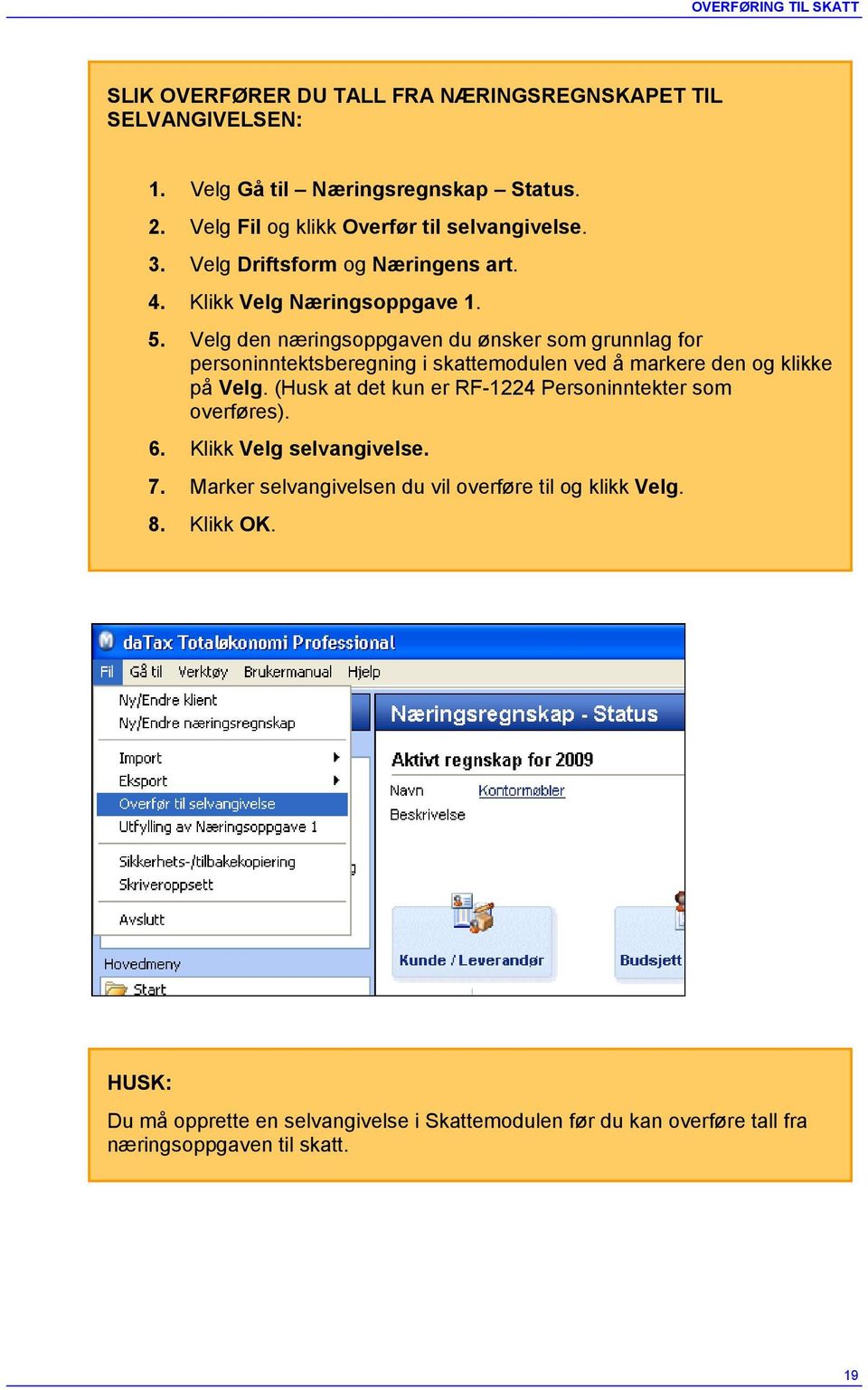 Velg den næringsoppgaven du ønsker som grunnlag for personinntektsberegning i skattemodulen ved å markere den og klikke på Velg.