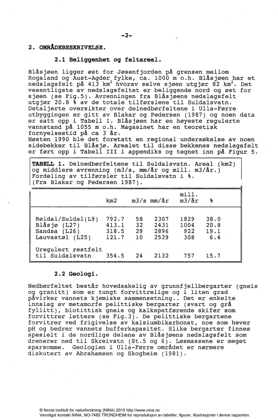 Detaljerte oversikter over delnedbørfeltene i Ulla-Førre utbyggingen er gitt av Blakar og Pedersen (1987) og noen data er satt opp i Tabell 1. Blåsjøen har en høyeste regulerte vannstand på 1055 m o.