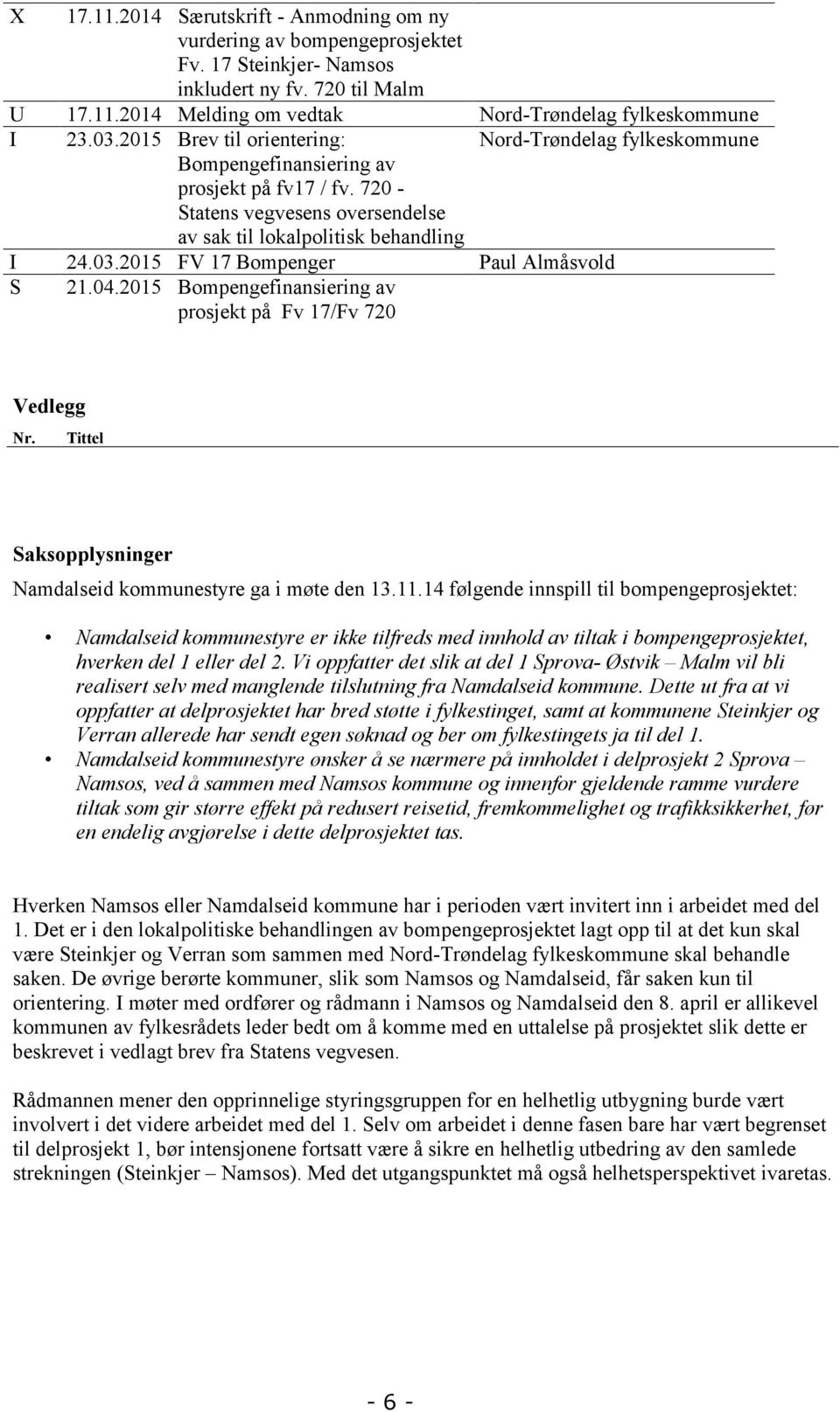 2015 FV 17 Bompenger Paul Almåsvold S 21.04.2015 Bompengefinansiering av prosjekt på Fv 17/Fv 720 Vedlegg Nr. Tittel Saksopplysninger Namdalseid kommunestyre ga i møte den 13.11.