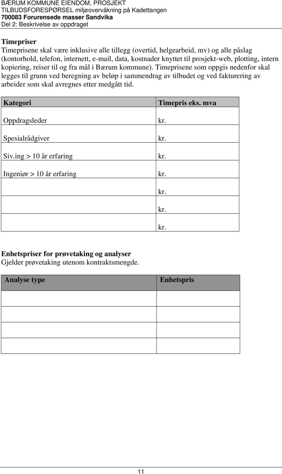 Timeprisene som oppgis nedenfor skal legges til grunn ved beregning av beløp i sammendrag av tilbudet og ved fakturering av arbeider som skal avregnes etter