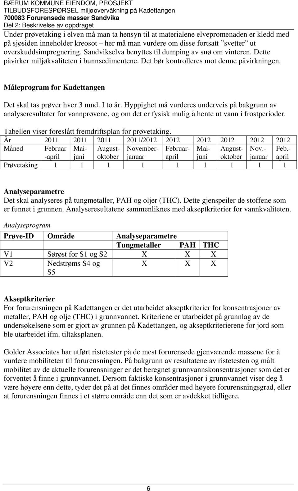 Måleprogram for Kadettangen Det skal tas prøver hver 3 mnd. I to år.