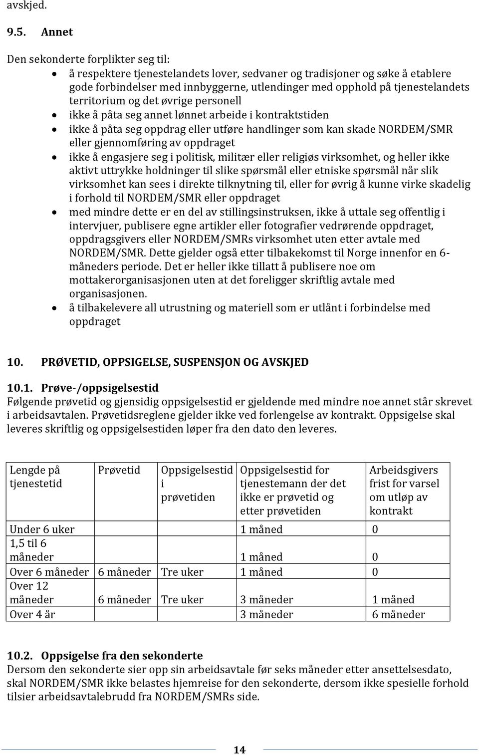 territorium og det øvrige personell ikke å påta seg annet lønnet arbeide i kontraktstiden ikke å påta seg oppdrag eller utføre handlinger som kan skade NORDEM/SMR eller gjennomføring av oppdraget