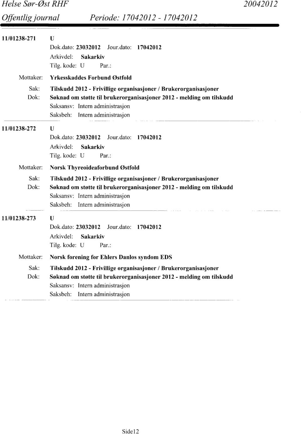 Mottaker: Norsk Thyreoideaforbund Østfold 11/01238-273 U