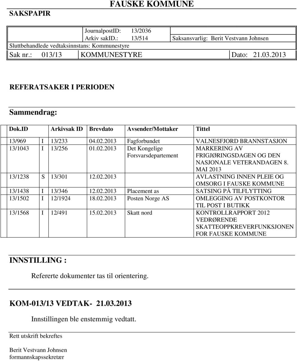 MAI 2013 13/1238 S 13/301 12.02.2013 AVLASTNING INNEN PLEIE OG OMSORG I FAUSKE KOMMUNE 13/1438 I 13/346 12.02.2013 Placement as SATSING PÅ TILFLYTTING 13/1502 I 12/1924 18.02.2013 Posten Norge AS OMLEGGING AV POSTKONTOR TIL POST I BUTIKK 13/1568 I 12/491 15.