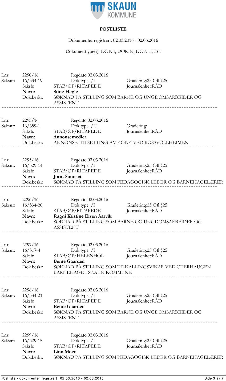 type: /I Gradering:25 Ofl 25 Jorid Sunnset SØKNAD PÅ STILLING SOM PEDAGOGISK LEDER OG BARNEHAGELÆRER Lnr: 2296/16 Regdato:02.03.2016 Saksnr: 16/534-20 Dok.